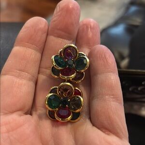 Vintage Gold and Multicolor Floral Earrings-Clip on